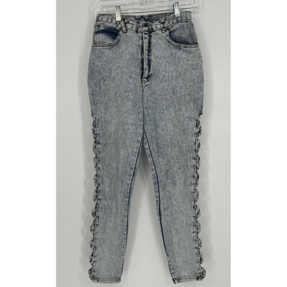 80s Acid Wash High Waist Jeans Women's 7‎ Criss Cross Cut out Side Lace Up Mom